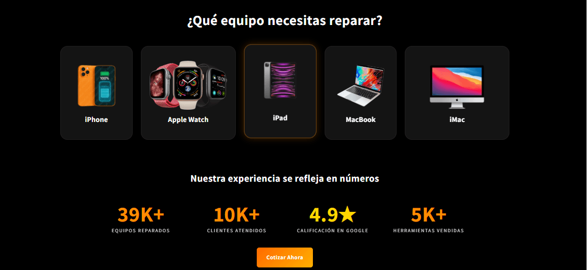 Sección web para elegir el equipo que necesita reparación con botón de cotización