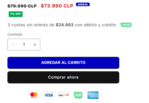 Detalle de compra con precio de oferta, cantidad, pagos y botones agregar al carrito y comprar ahora