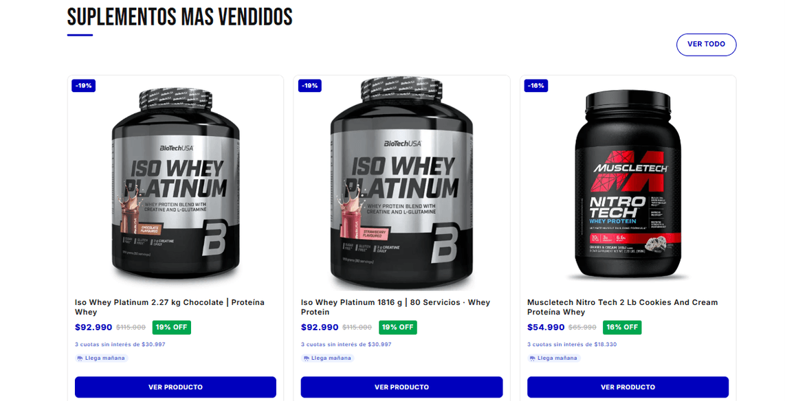 Grilla de productos más vendidos con descuentos, precios y botón ver producto