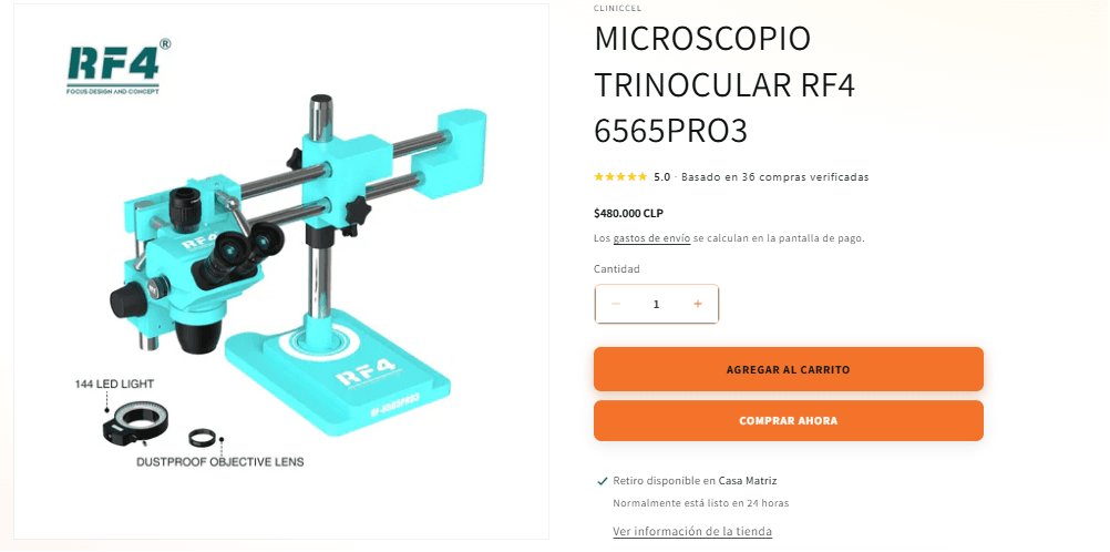 Página de producto con imagen grande, calificación, precio, cantidad y botones de compra