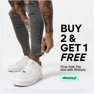 Banner promocional Buy 2 Get 1 Free de zapatillas con pago Afterpay