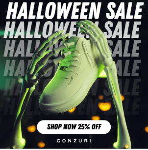 Banner Halloween Sale de zapatillas Conzuri con 25% de descuento