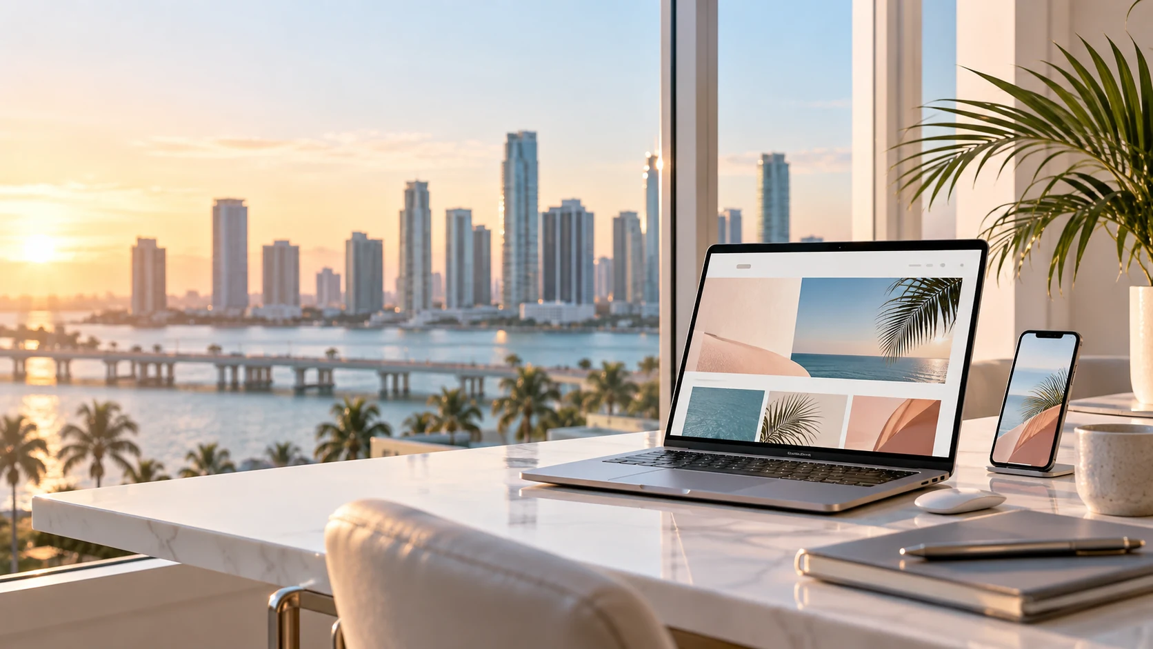 Espacio de trabajo con una web y una versión móvil frente al skyline de Miami