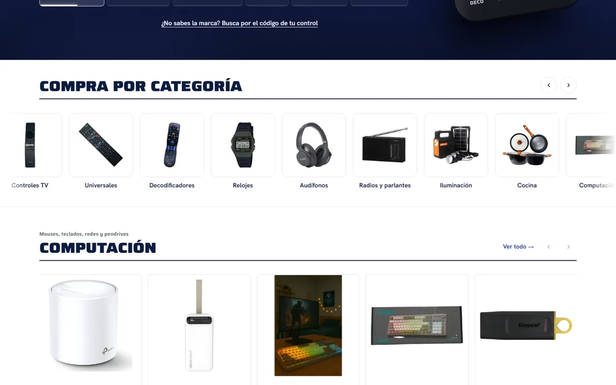 Cinta de categorías de la portada con fotos reales: universales, decodificadores, relojes, audífonos, radios, iluminación, cocina y computación