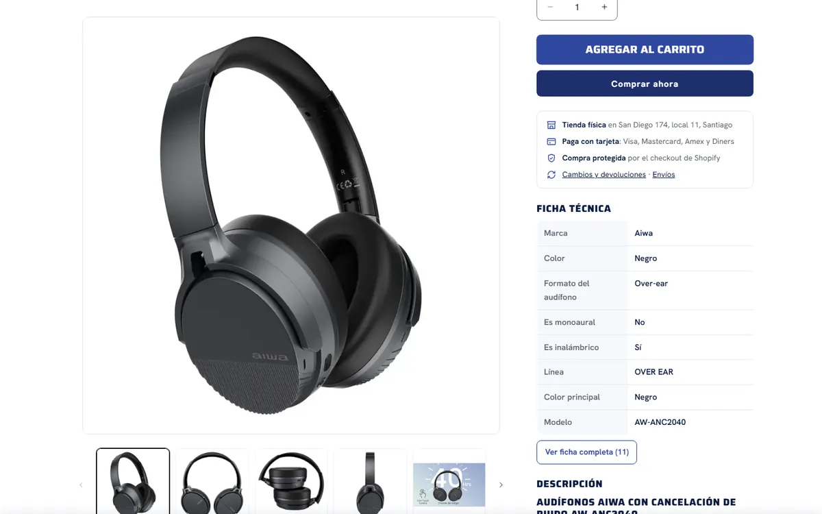 Ficha de unos audífonos Aiwa con la ficha técnica en tabla y, debajo, la descripción recortada