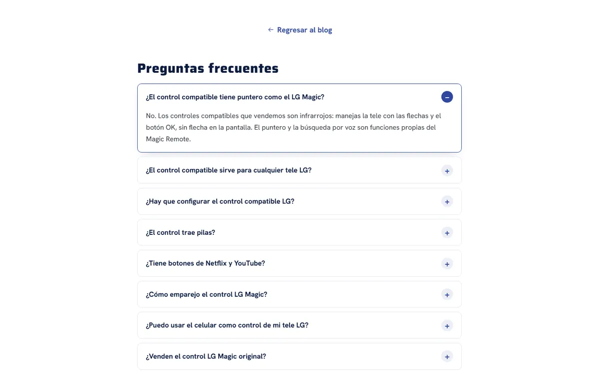 Preguntas frecuentes de la guía del control LG Magic, en acordeón, con la primera respuesta abierta