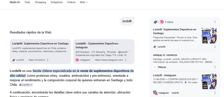 Google Modo IA mostrando información de LordXFit en respuestas generadas por inteligencia artificial