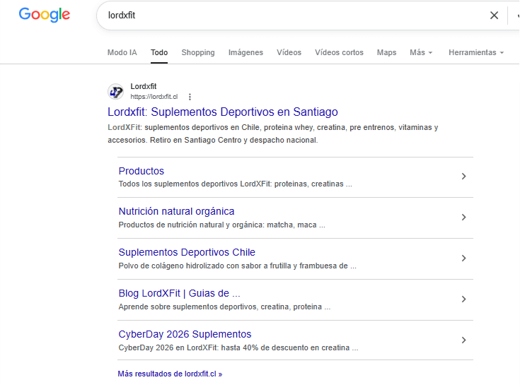 Resultado de Google mostrando LordXFit en primer lugar con enlaces de sitio